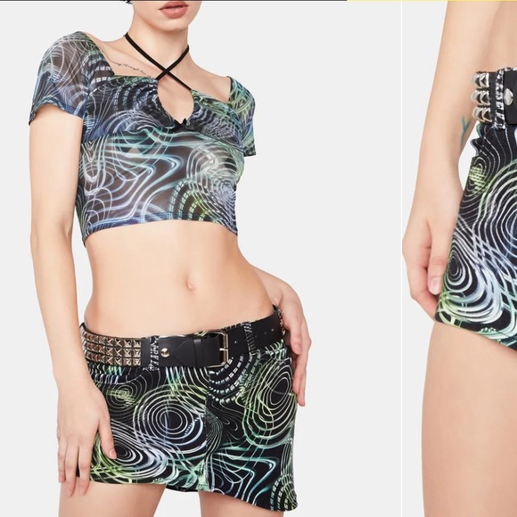 Horoscope X Dolls Kill Green Black Pulse Effect Denim Mini Skirt & Corset NWT M - Picture 6 of 16